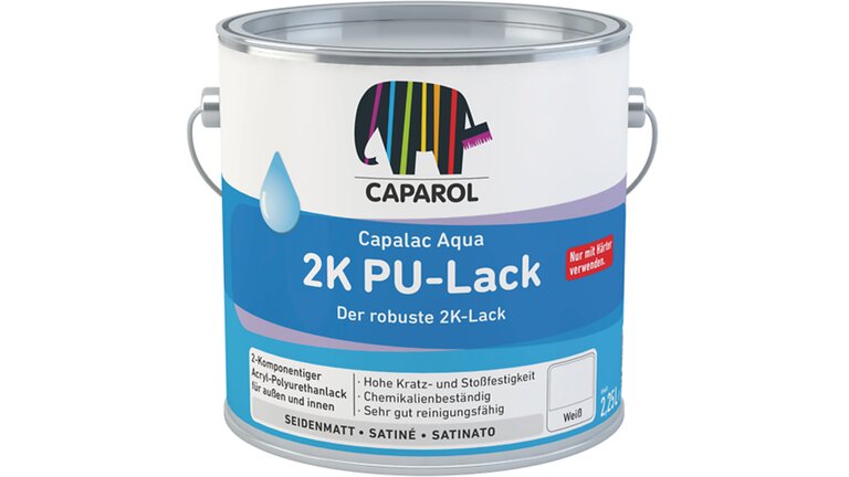 Capalac Aqua 2K PU-Lack, hinten verpackt in Dose, vorne verpackt in stehender Flasche
